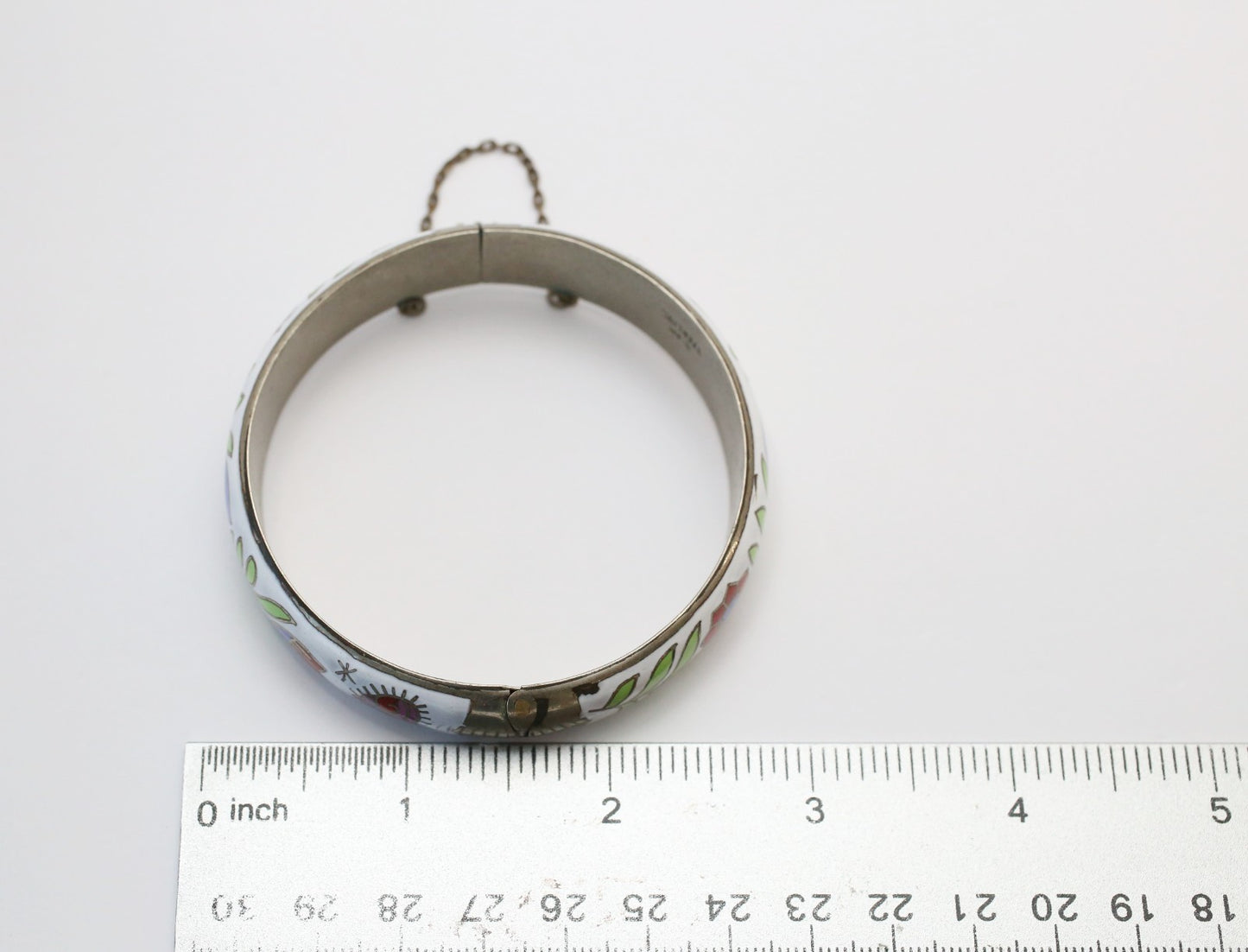 Vintage Sterling Silver Floral Enamel Hinge Bangle, 7.5 inches - 23.8g