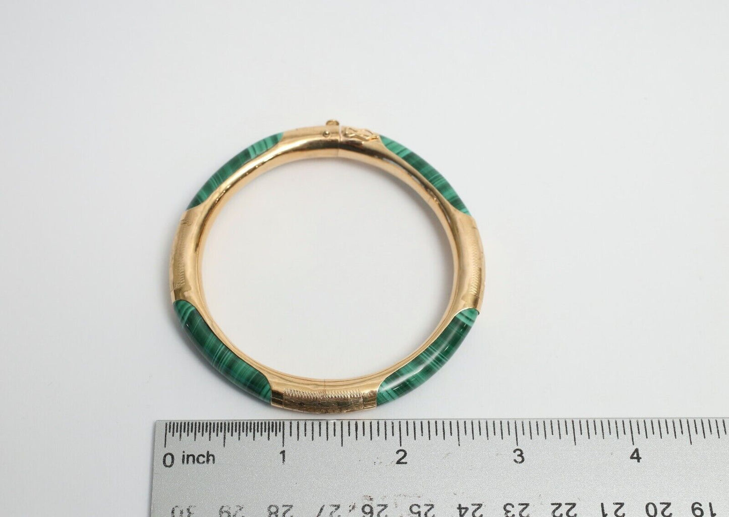 14k Yellow Gold Green Malachite Hinge Bangle, 7.25 inches - 27.6g