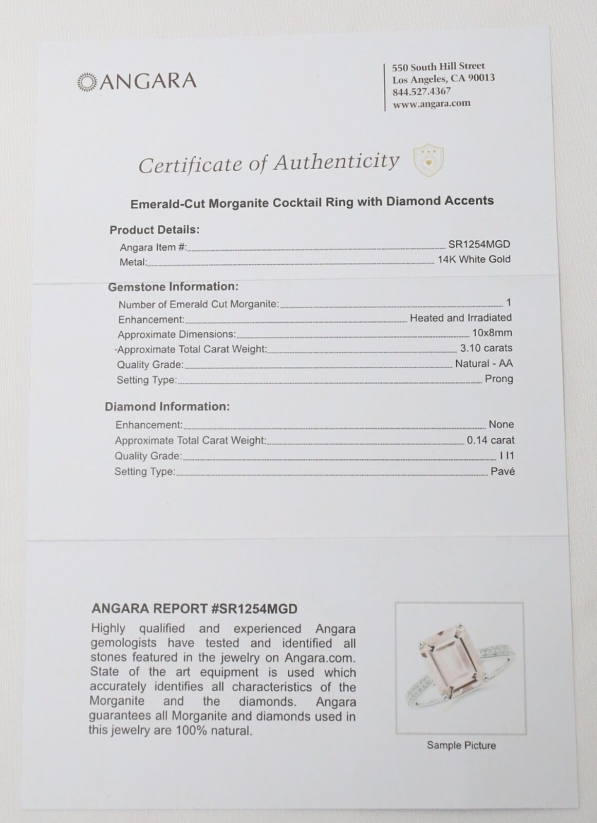 Angara 14k White Gold Diamond Emerald Cut Morganite Ring, Size 7.5 - 3.4g