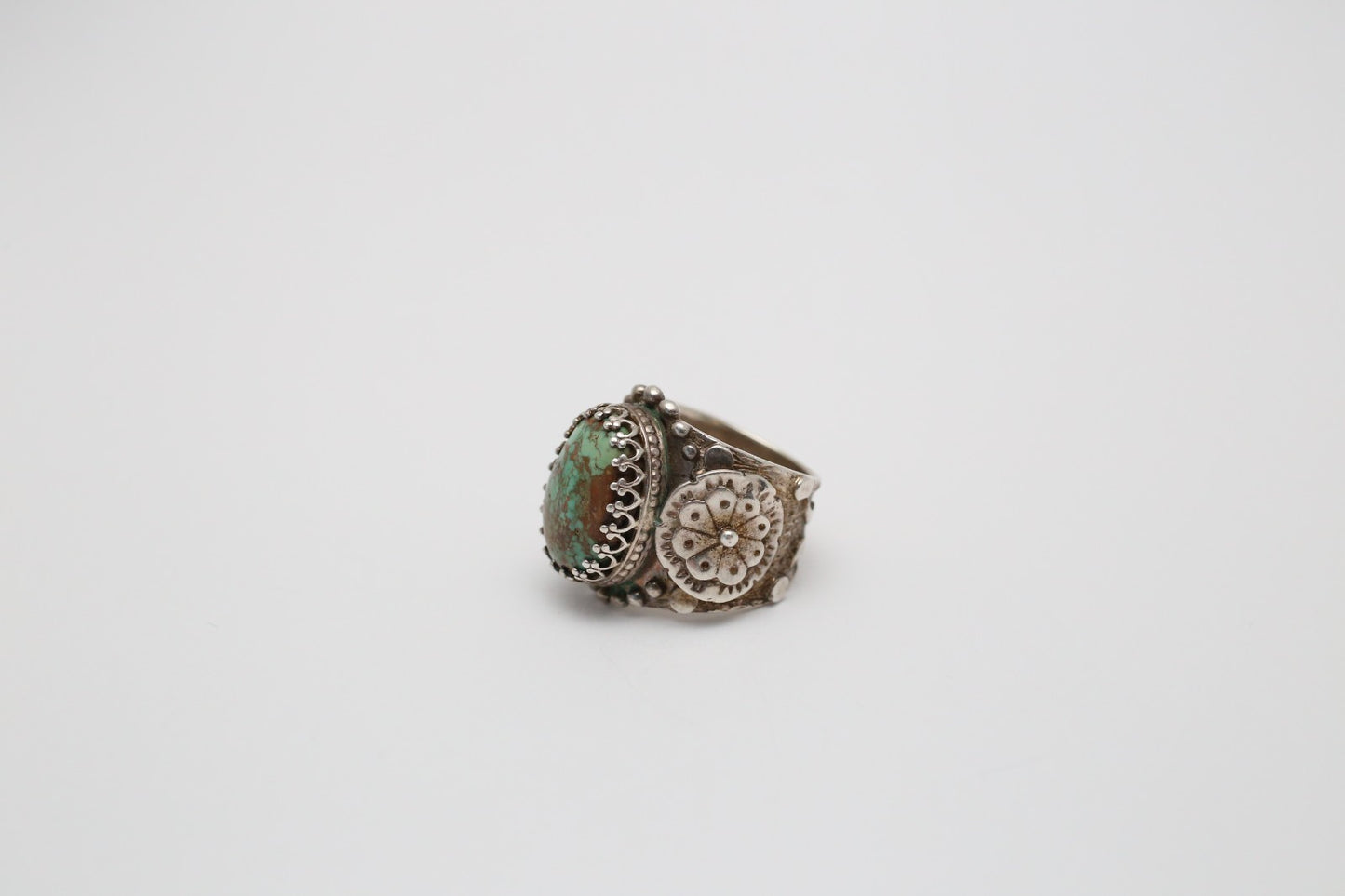 Sterling Silver Ornate Green Turquoise Ring, Size 5 - 14.4g