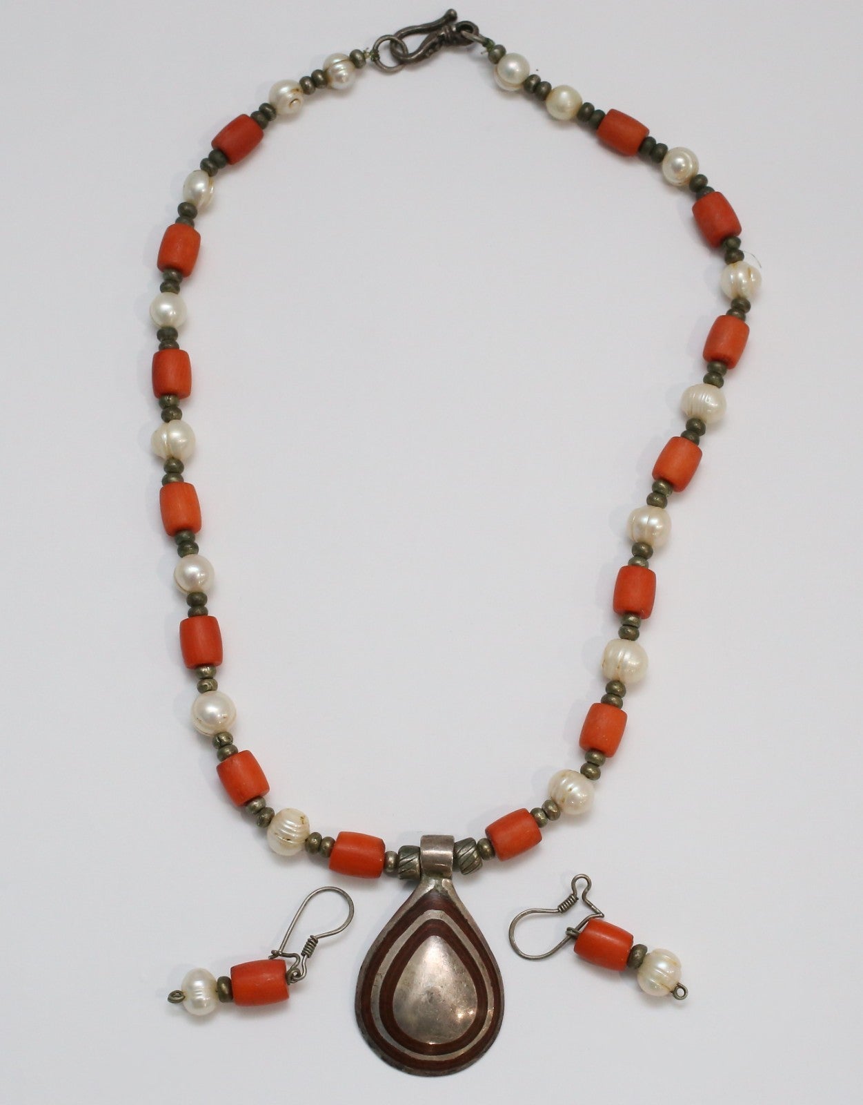 Native American Sterling Silver Beaded Necklace & Earring Set, 65.6g