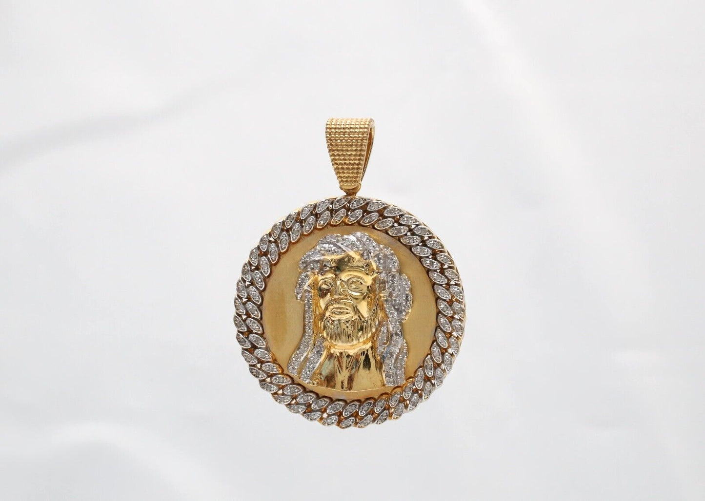 10k Yellow Gold Round Jesus Diamond Pendant, 23.2g