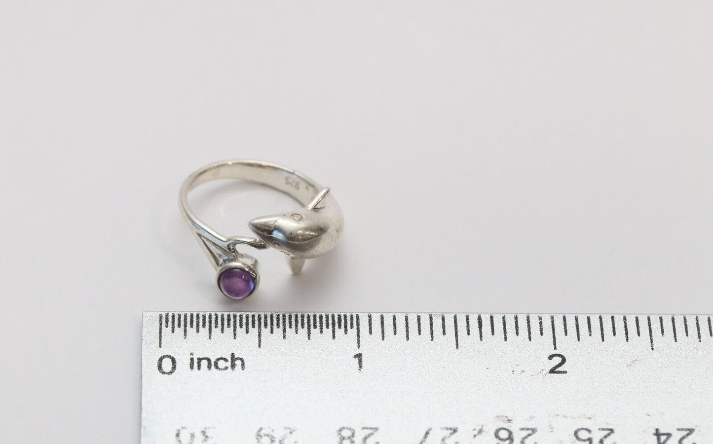 Sterling Silver Dolphin & Amethyst Bypass Ring, Size 7 - 4.7g