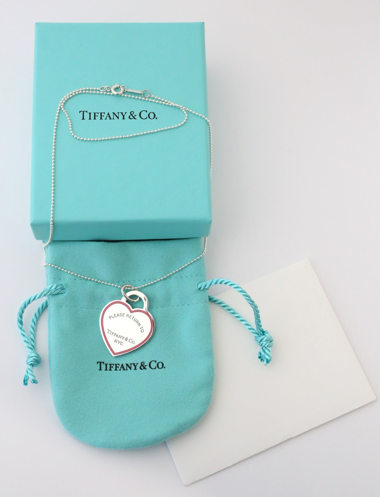 Tiffany & Co Sterling Silver Pink Enamel Border Heart Pendant Necklace, 18 inches