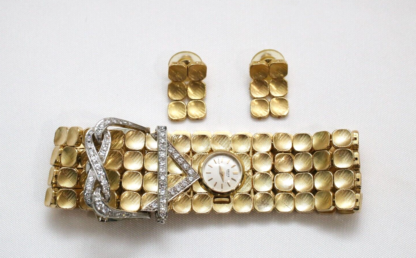 18k Yellow Gold & Diamond Bracelet with Hidden Gruen Watch & Matching Earrings Set