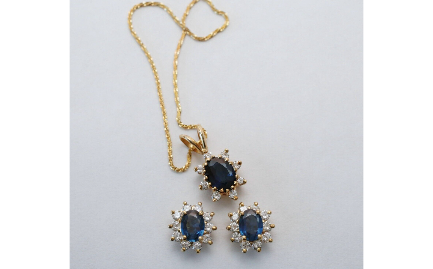 14k Yellow Gold Sapphire & Diamond Earring & Necklace Set, 10.7g