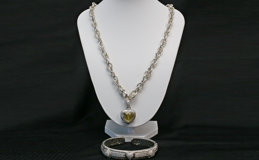 Judith Ripka Sterling Silver Heart Hinge Cuff & Heart Charm Necklace Set, 108.3g