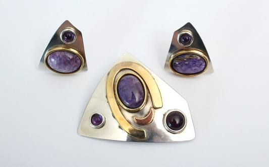 Stamas Sterling Silver Amethyst Earring & Brooch Set, 16.4g