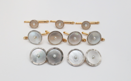 Vintage 14k Yellow Gold Mother of Pearl Cufflink & Button Set, 16.1g