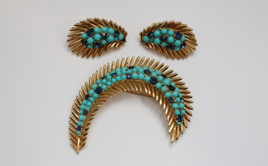 Alfred Philippe Trifari Faux Turquoise & Sapphire Leaf Pin Brooch & Earring Set