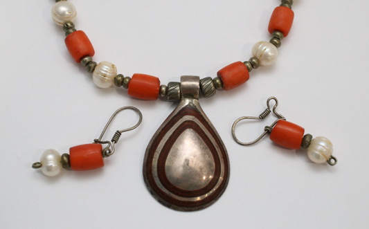 Native American Sterling Silver Beaded Necklace & Earring Set, 65.6g