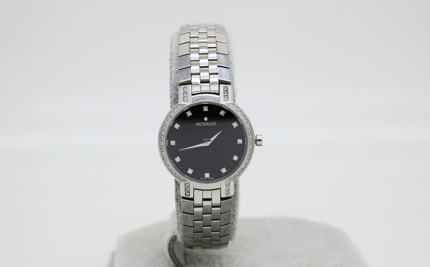 Movado 0605586 Ladies Stainless Steel Faceto Diamond Black Dial 25mm Watch