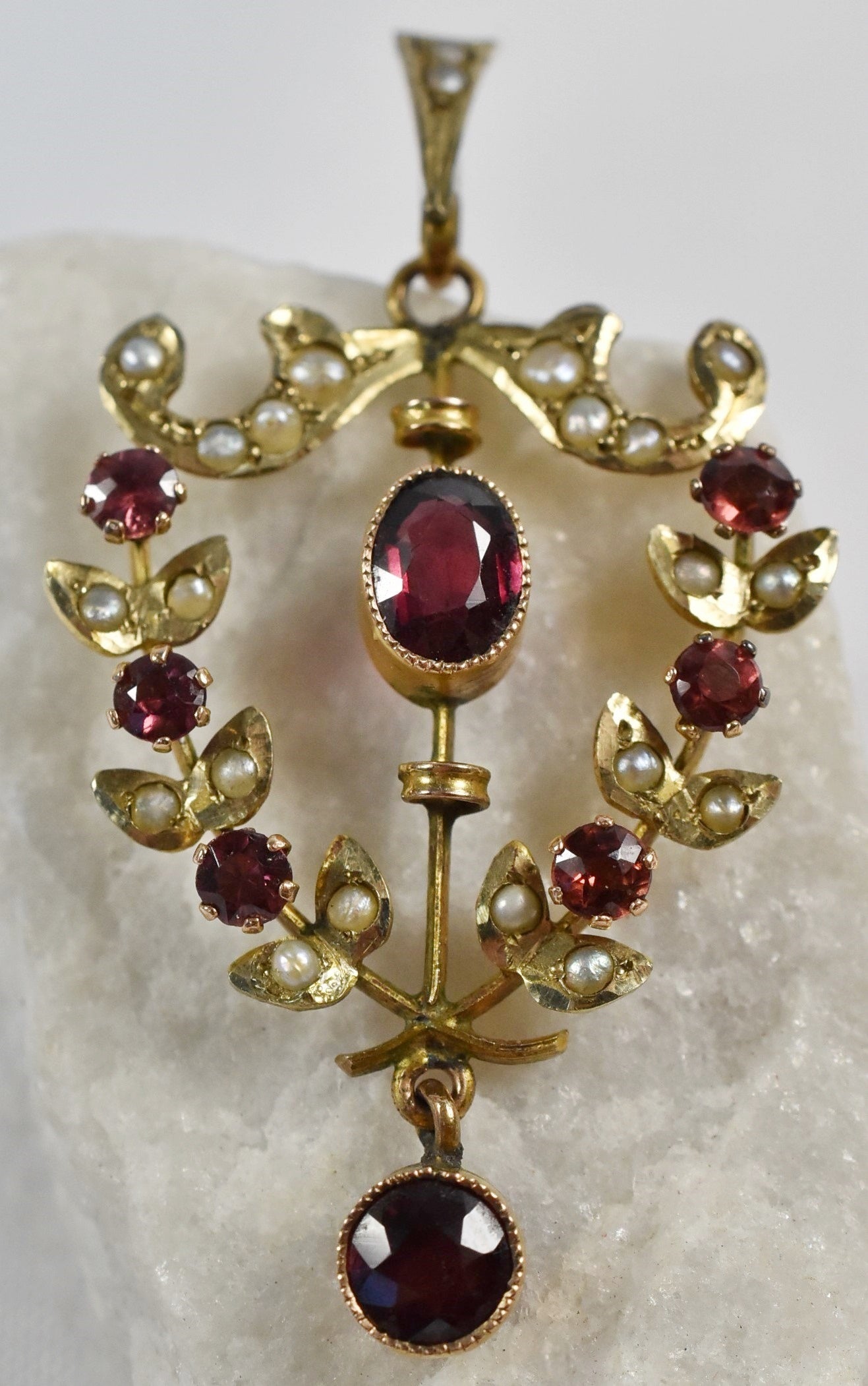 Antique 9k Yellow Gold Art Nouveau Garnet & Pearl Pendant, 2.4g