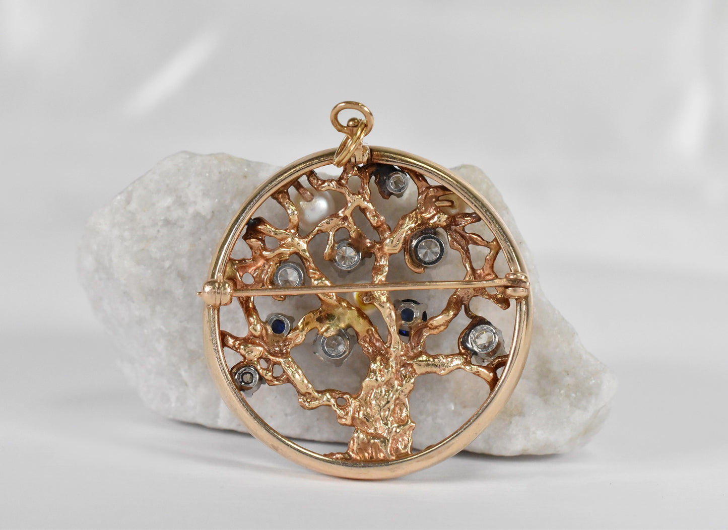 Vintage 14k Yellow Gold Tree of Life Brooch/Pendant with Diamond, Sapphire & Pearl, 12.6g