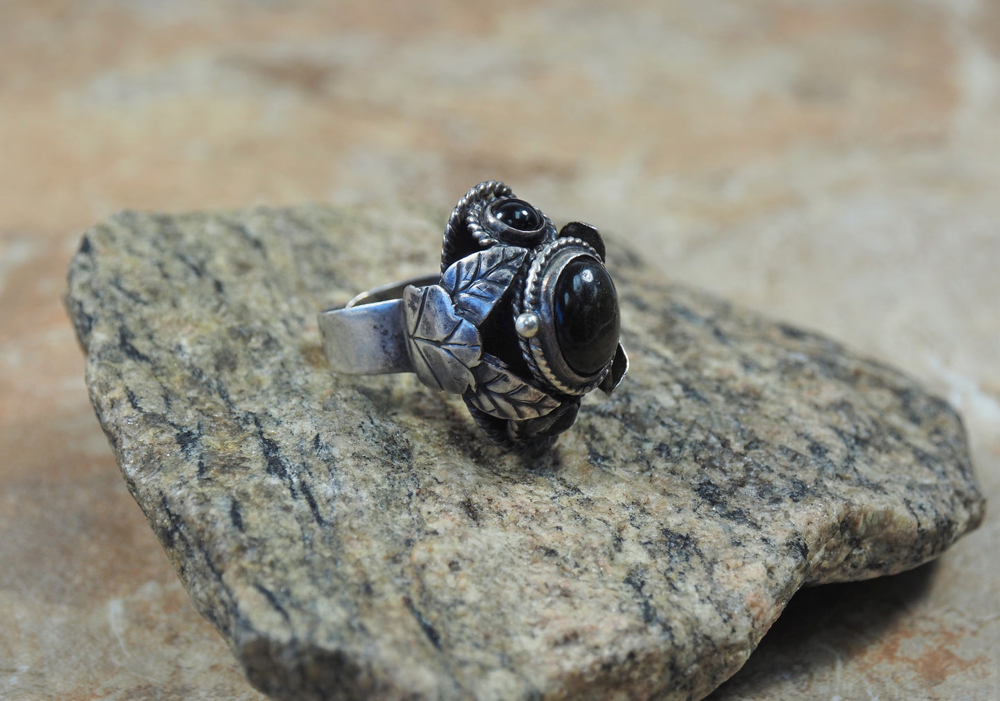 Vintage Sterling Silver Obsidian Poison Adjustable Ring, Size 7.5 - 9.4g