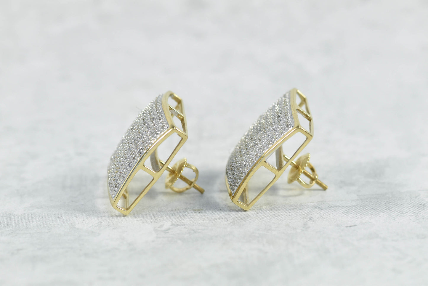 10k Yellow & White Gold Squared Diamond Stud Screw Back Earrings, 6.4g