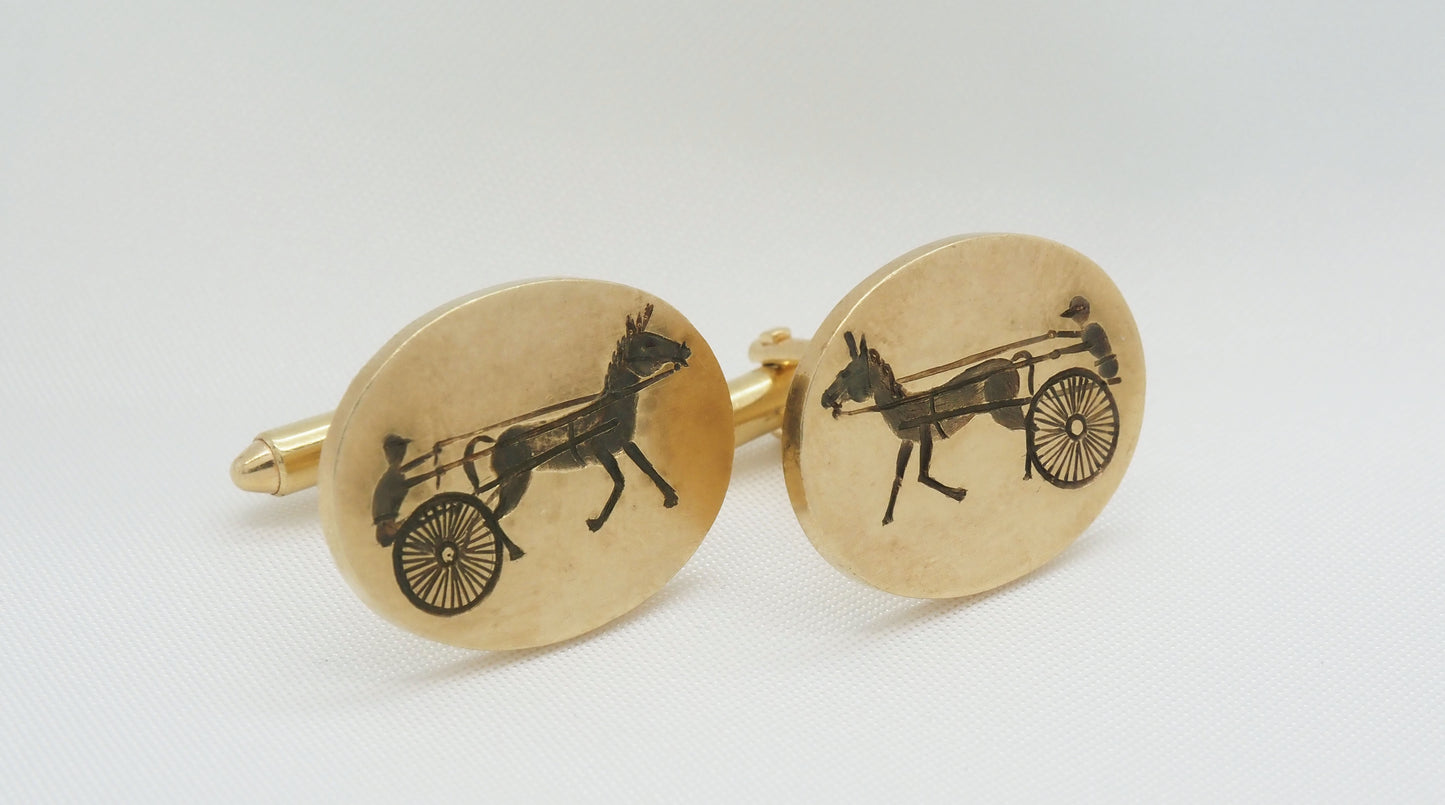 Vintage 14k Yellow Gold Oval Horse & Carriage Cufflinks - 26.6g
