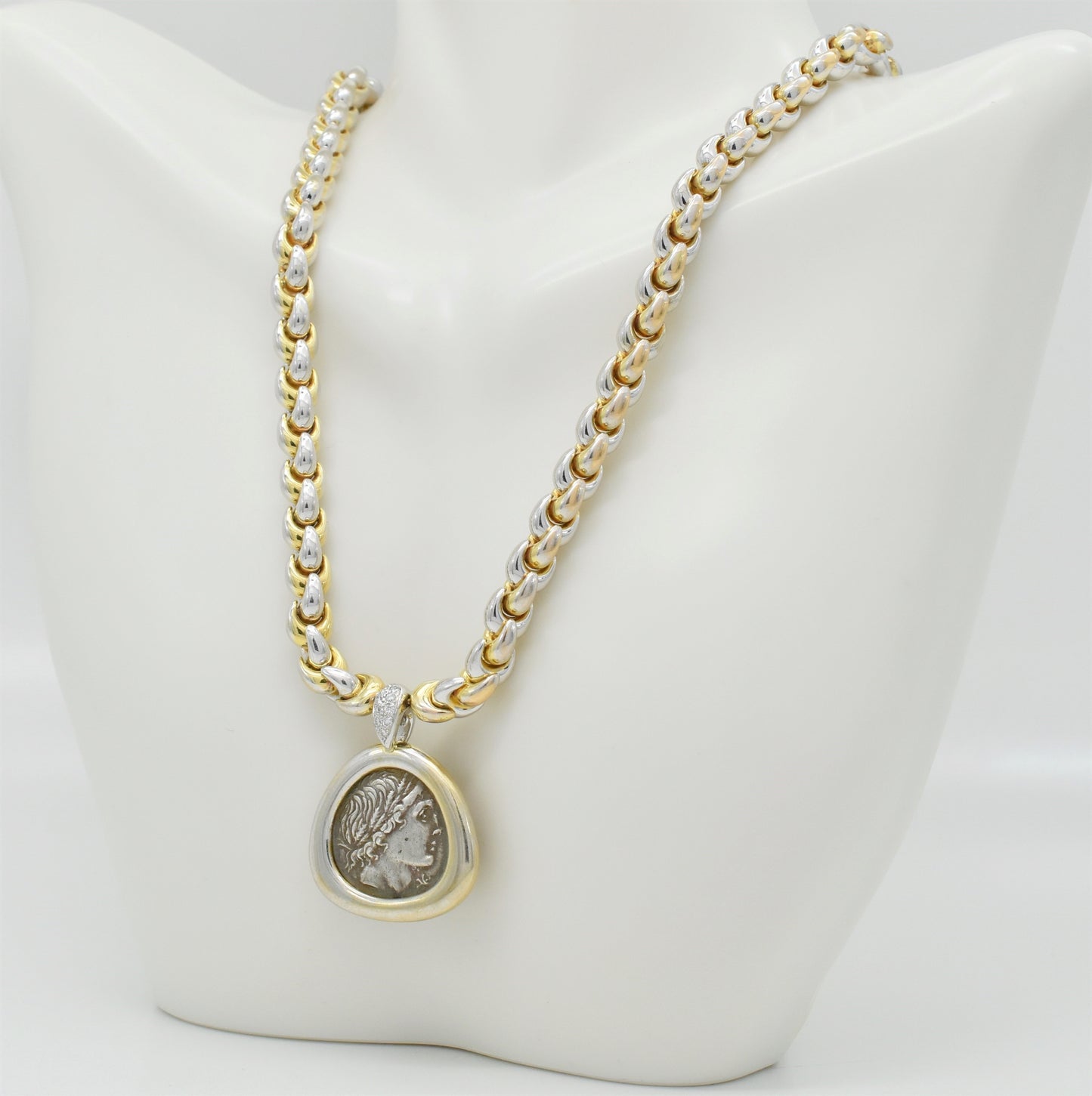 18k Yellow Gold & Platinum Diamond Roman Coin Necklace, 16.5 inches - 53.0g