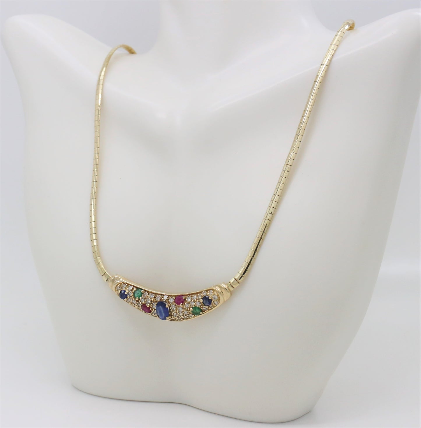 Vintage 14k Yellow Gold Omega Gemstone Choker Necklace, 17 inches - 19.5g