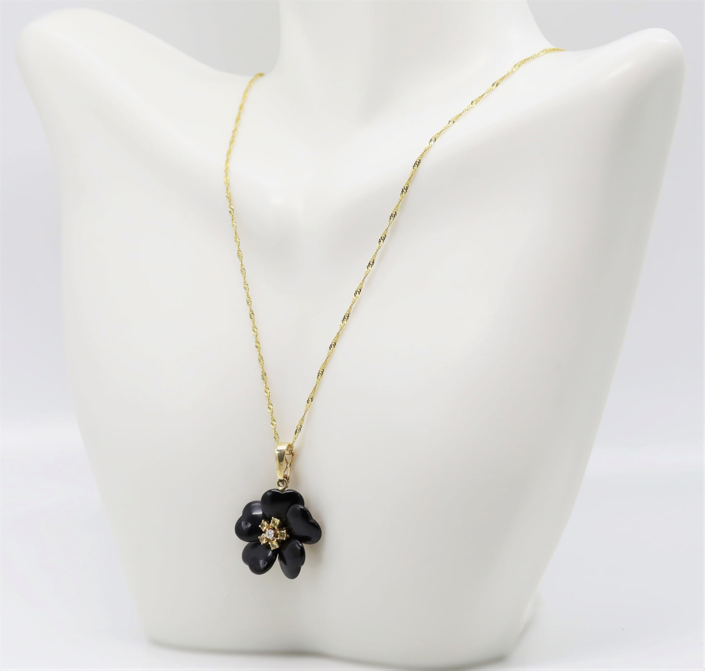 Vintage 14k Yellow Gold Black Onyx Diamond & Citrine Flower Necklace & Ring Set