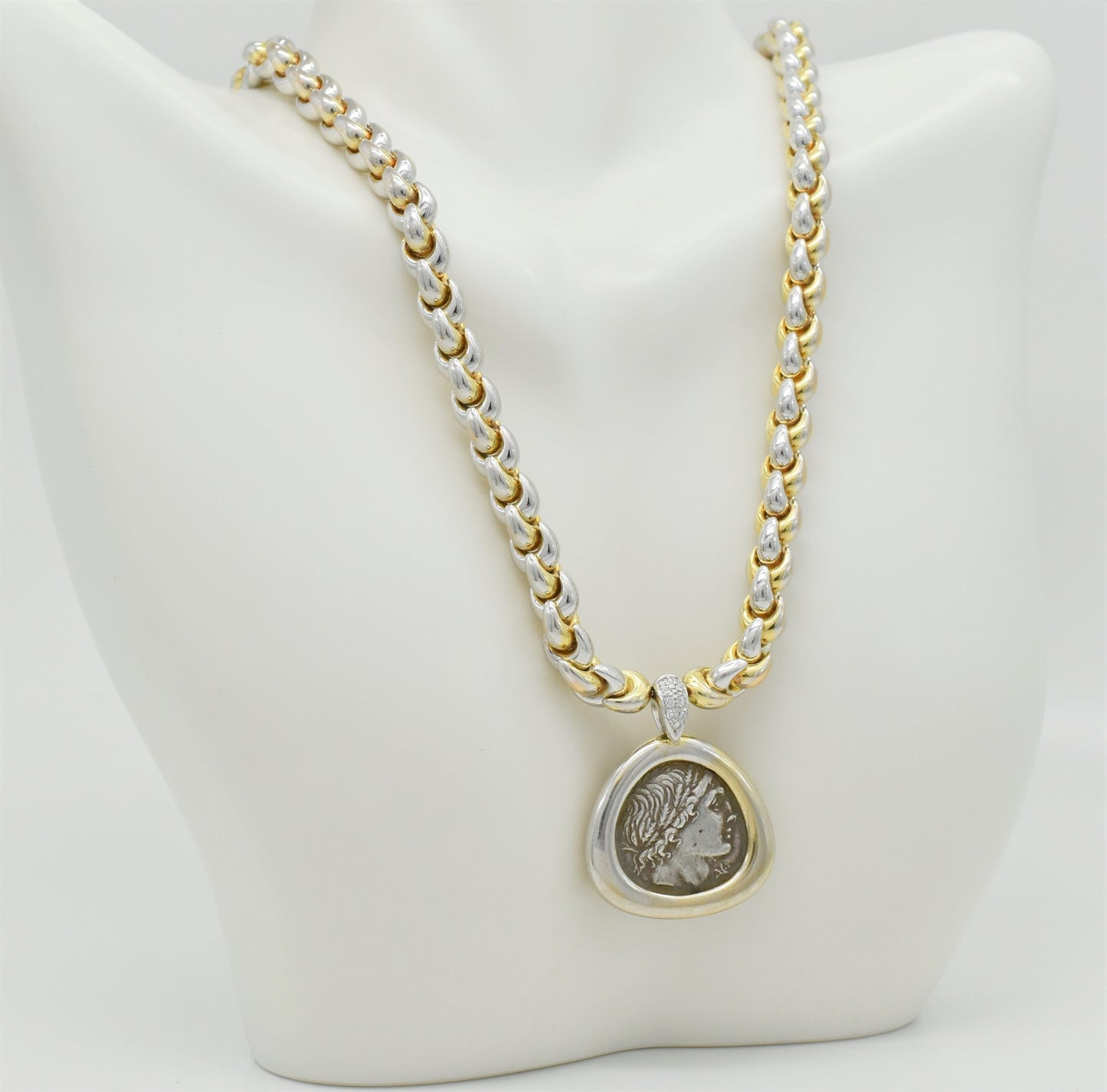18k Yellow Gold & Platinum Diamond Roman Coin Necklace, 16.5 inches - 53.0g