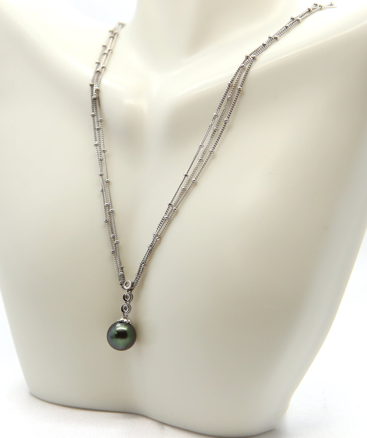 Estate 14k White Gold Tahitian Pearl & Diamond Necklace, 16.75 inches - 8.1g