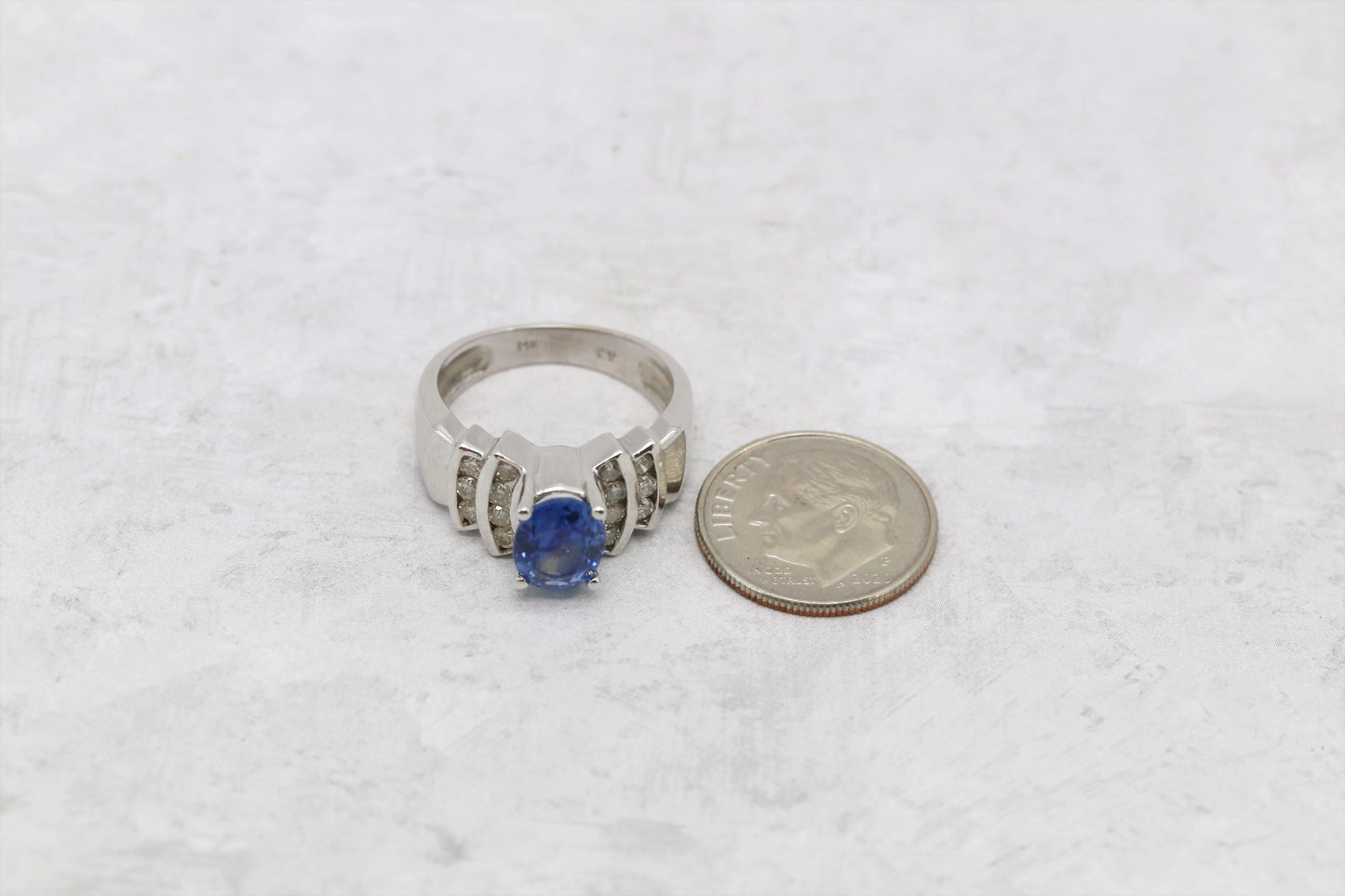 14k White Gold Ceylon Sapphire & Diamond Ring, Size 7 - 6.4g