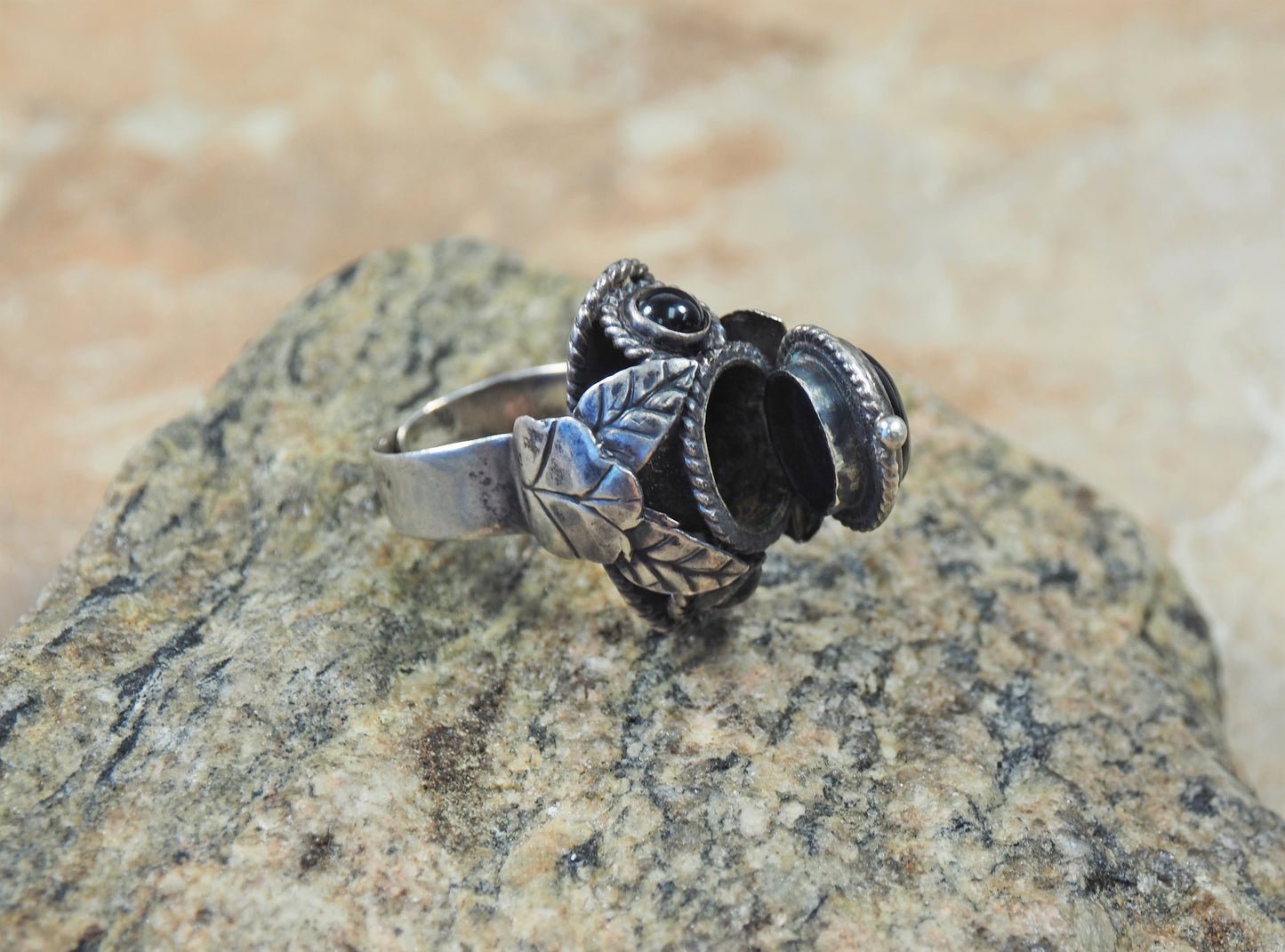 Vintage Sterling Silver Obsidian Poison Adjustable Ring, Size 7.5 - 9.4g