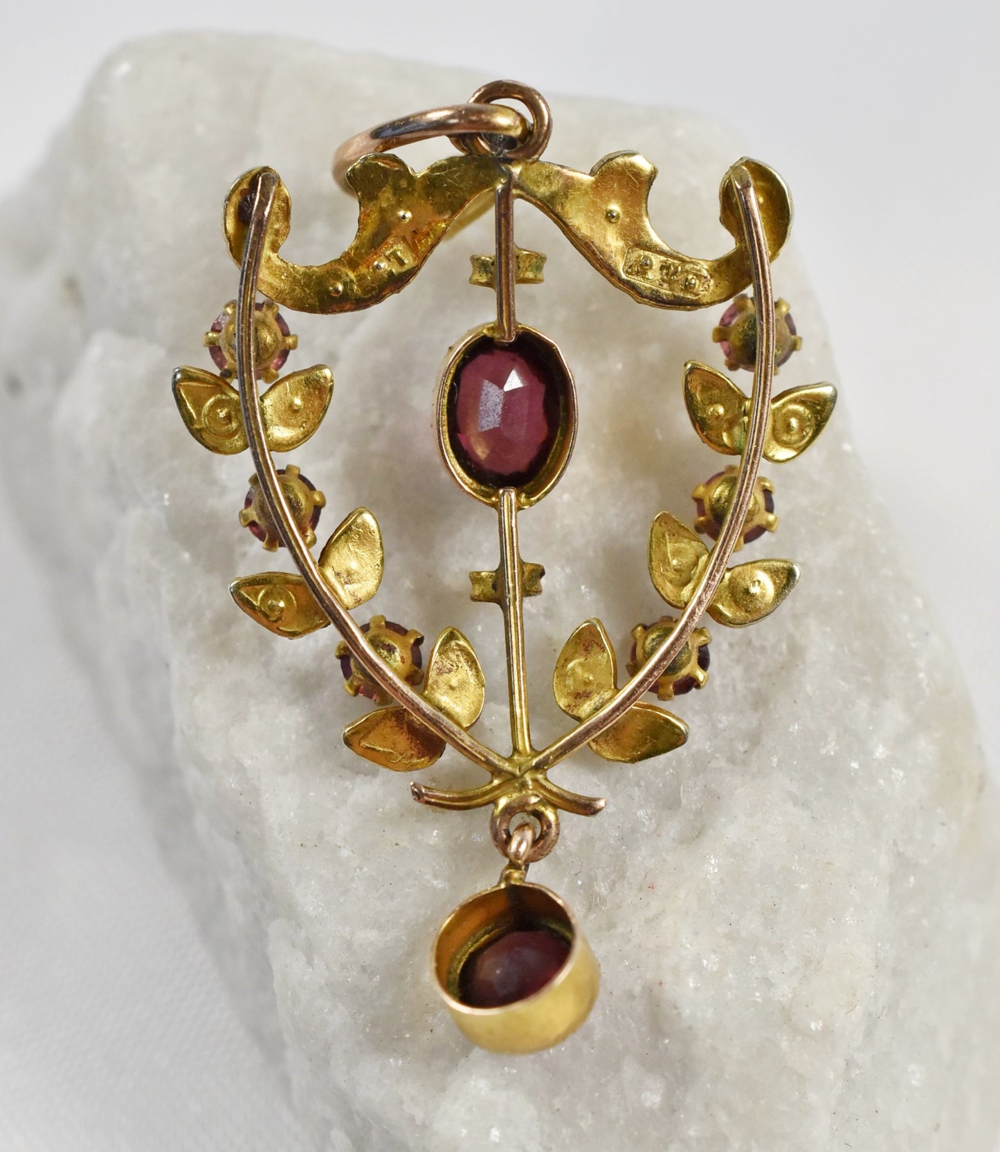 Antique 9k Yellow Gold Art Nouveau Garnet & Pearl Pendant, 2.4g