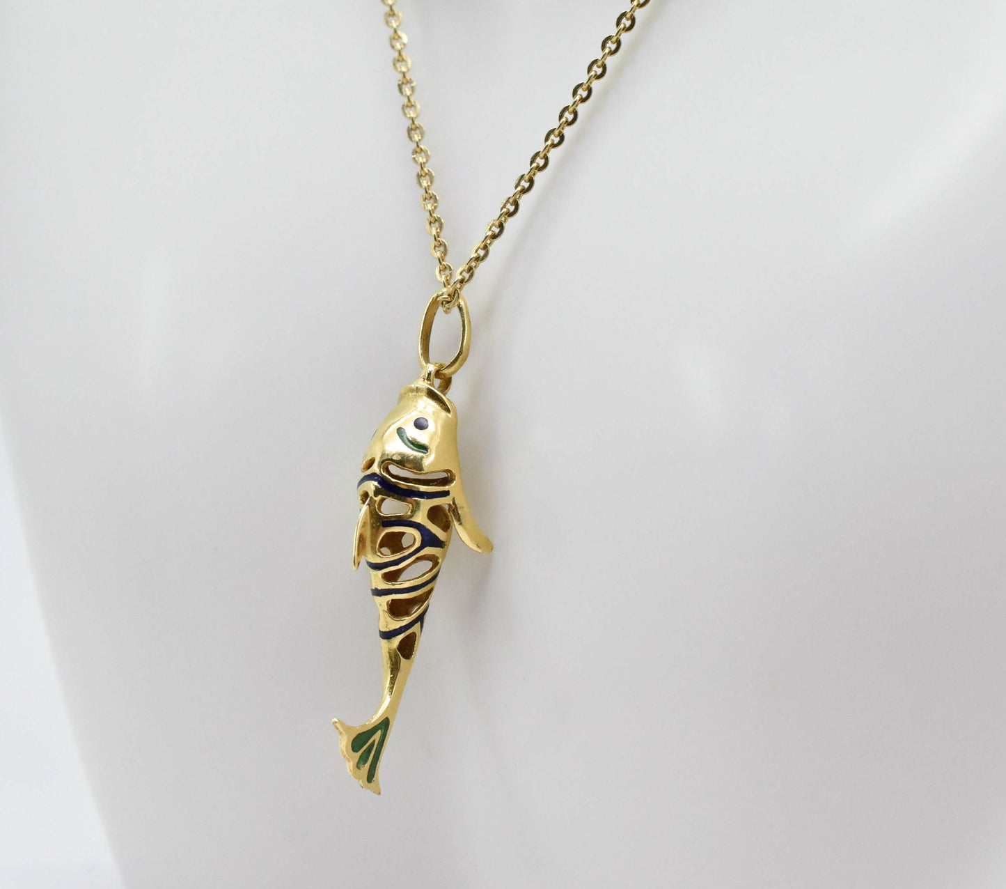 Chimera Oro 18k Yellow Gold Blue & Green Enamel Fish Necklace, 20 inches - 9.0g
