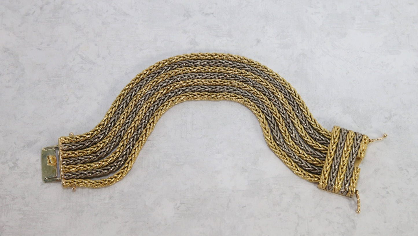 Vintage 18k Yellow & White Gold 7 Strand Bracelet, 7 inches - 129.2g