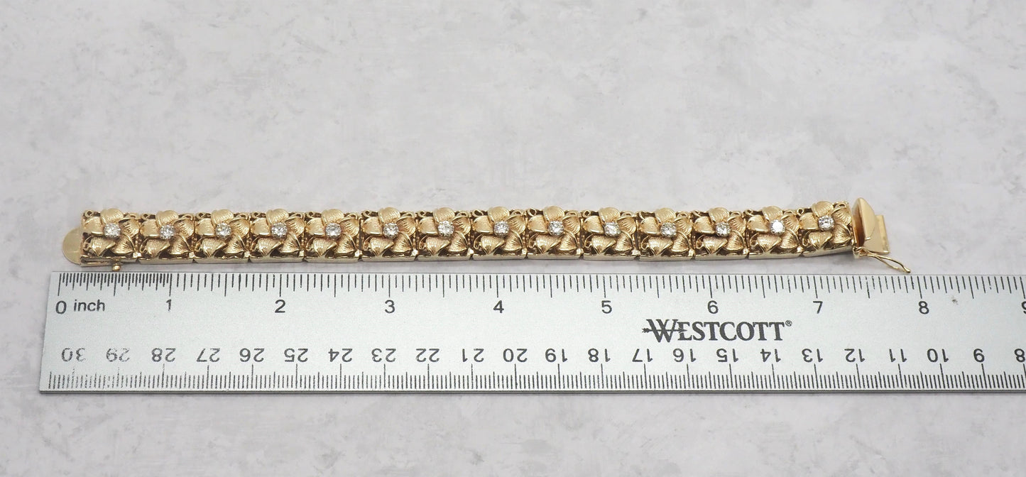 Vintage 14k Yellow Gold Diamond Flower Bracelet, 7.5 Inches - 70.0g