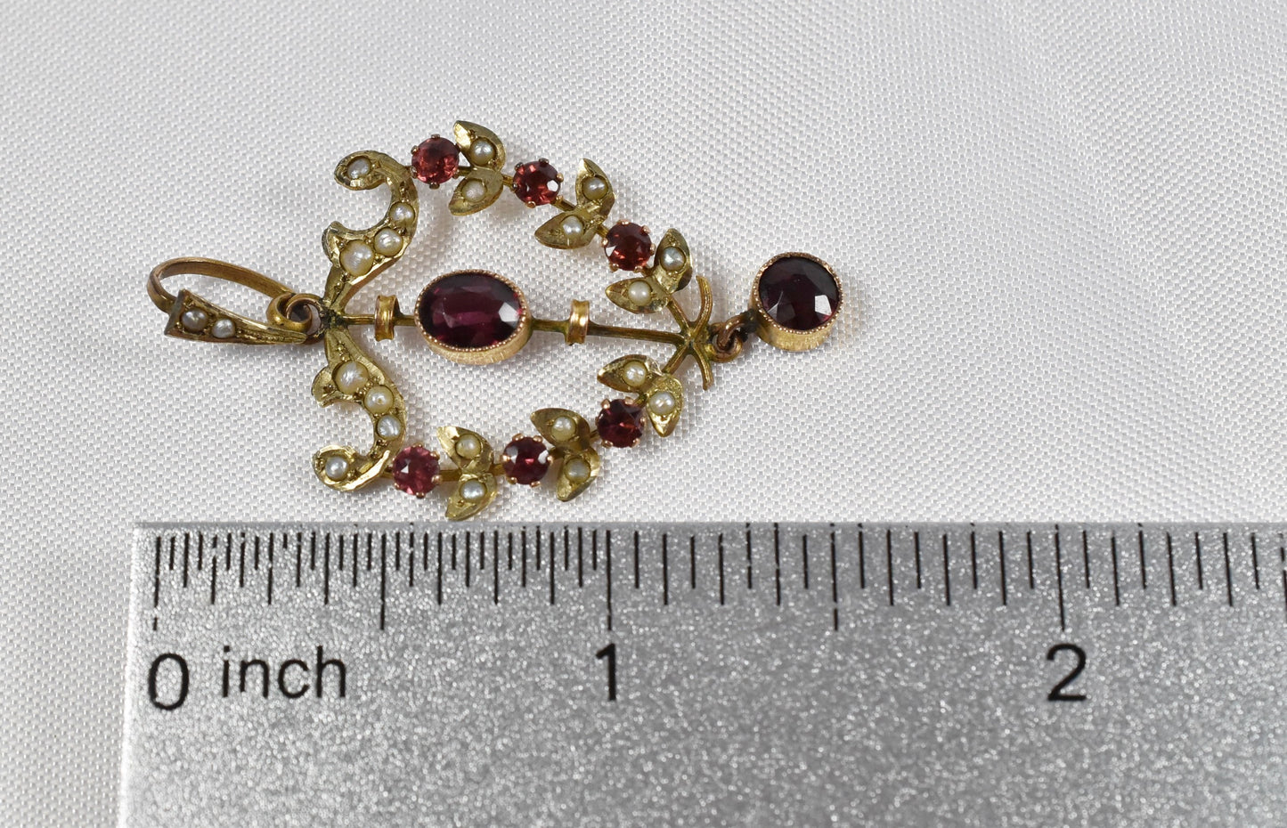 Antique 9k Yellow Gold Art Nouveau Garnet & Pearl Pendant, 2.4g