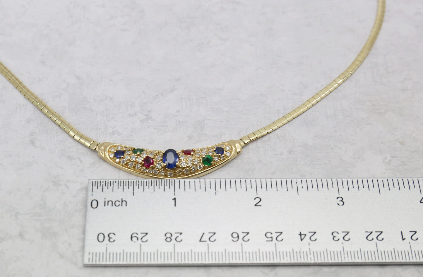 Vintage 14k Yellow Gold Omega Gemstone Choker Necklace, 17 inches - 19.5g