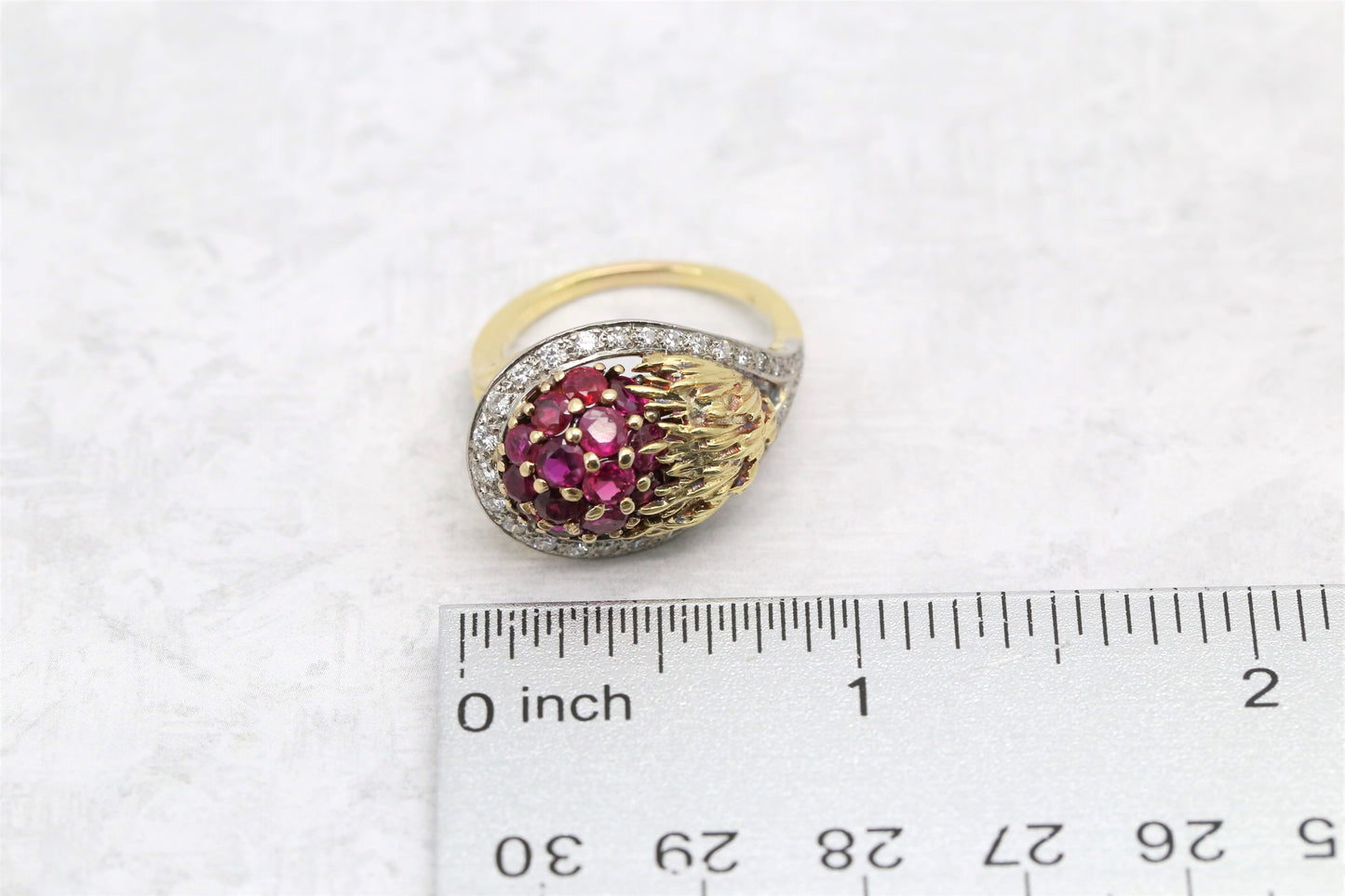 Vintage Erwin Pearl 1960s 18k Yellow Gold Diamond & Ruby Ring, Size 8.25 - 10.1g