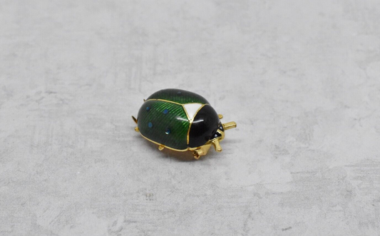 18k Yellow Gold Green & Blue Enamel Beetle Bug Pin, 5.4g