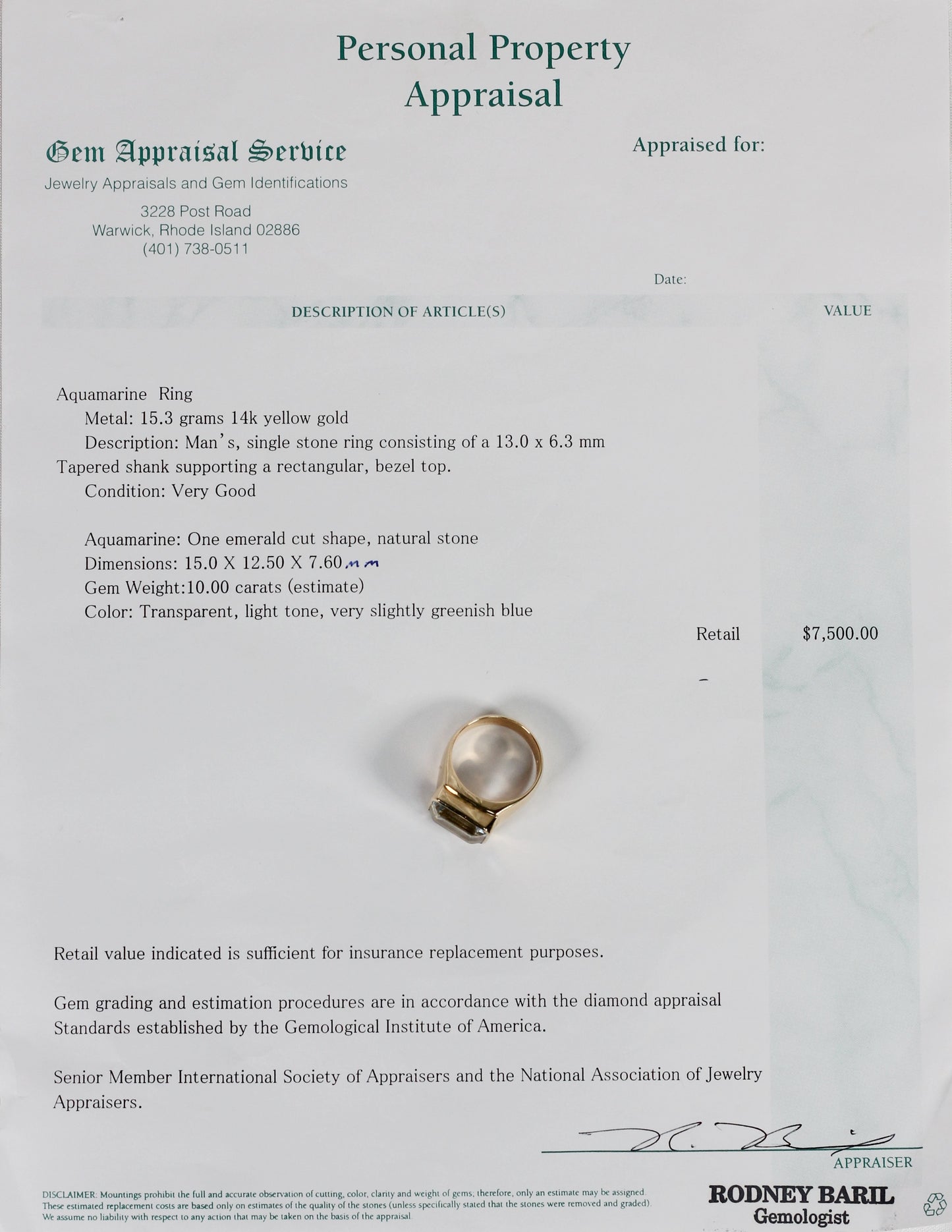 Men's 14k Yellow Gold 10ct Aquamarine Ring, Size 10 - 17.3g