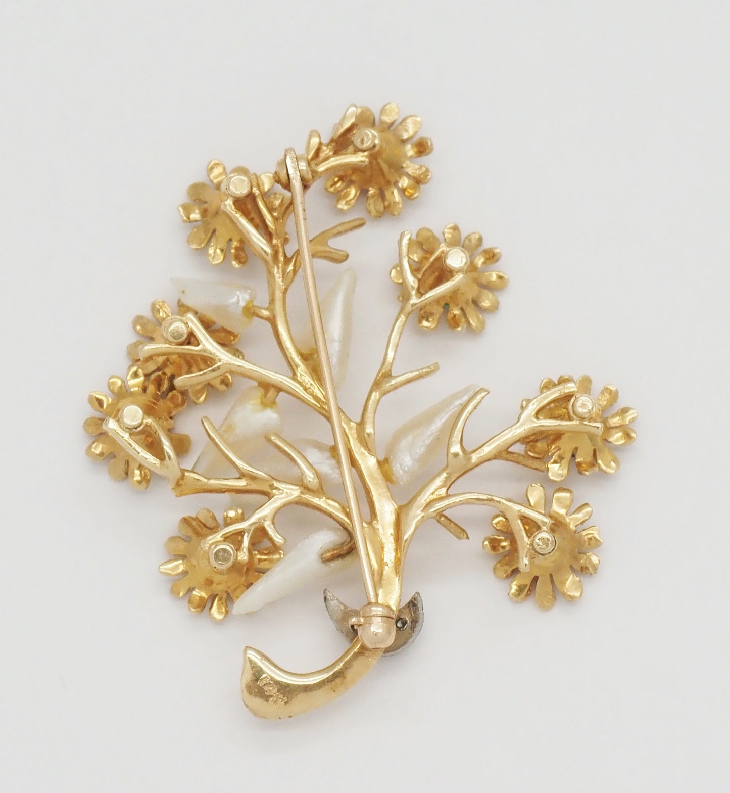 Vintage 14k Yellow Gold Branch & Flower Gemstone Brooch - 11.9g