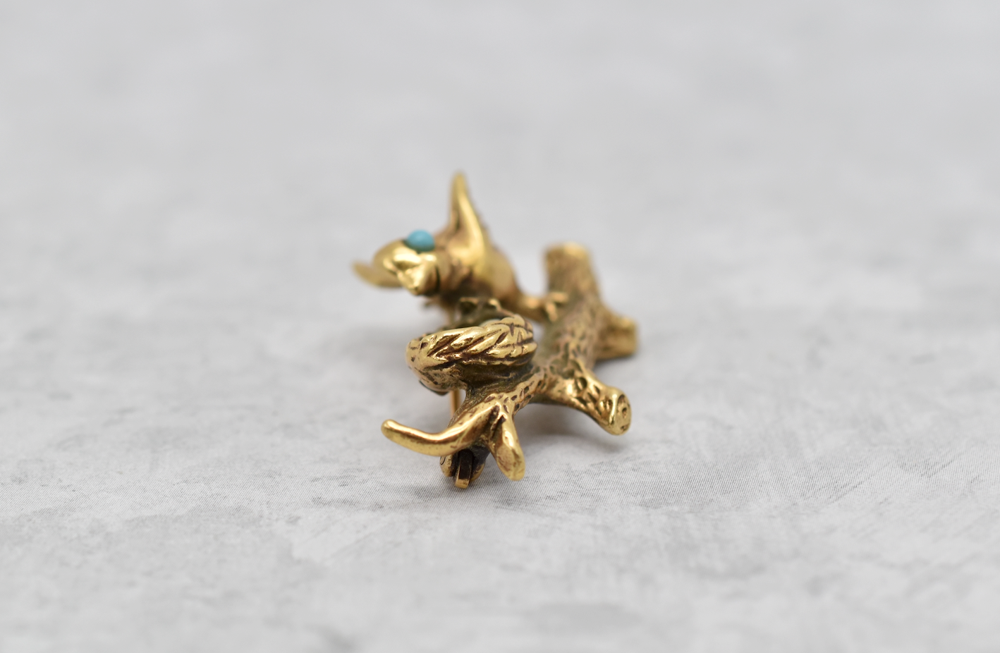 14k Yellow Gold Bird Pin with Turquoise & Pearls - 7.4g