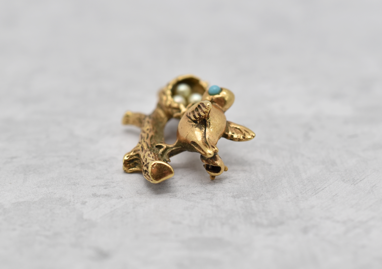 14k Yellow Gold Bird Pin with Turquoise & Pearls - 7.4g