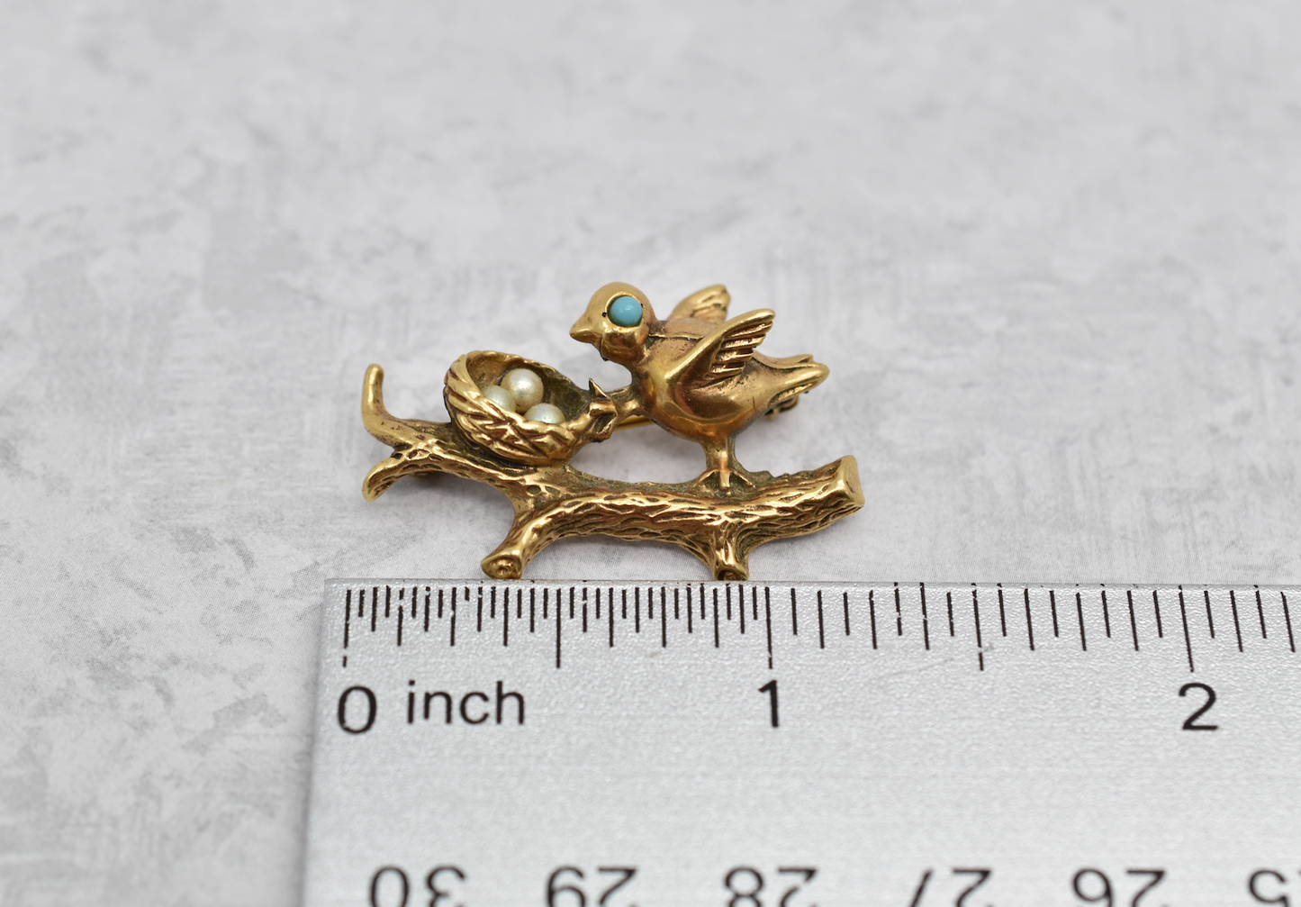 14k Yellow Gold Bird Pin with Turquoise & Pearls - 7.4g