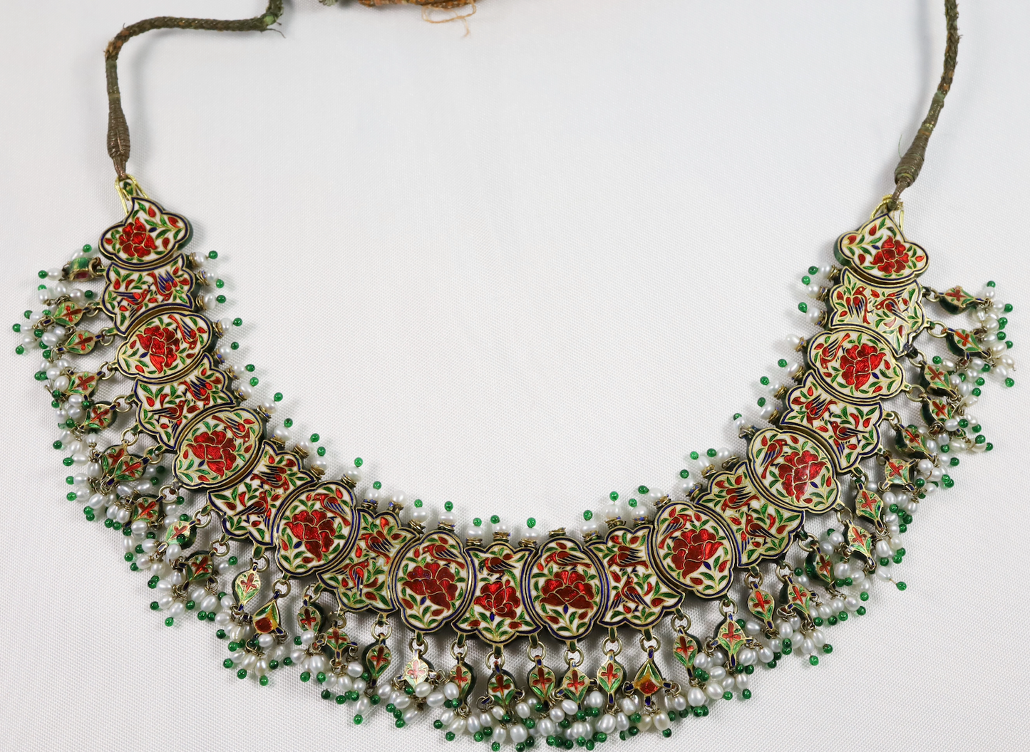 Antique 22k Yellow Gold Mughal Enameled Diamond & Ruby Indian Bridal Neckpiece, 127.0g