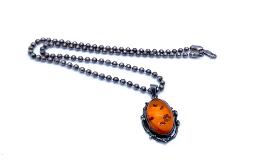 Vintage Amber Pendant with Sterling Silver Ball Chain, 20 inches - 29.2g