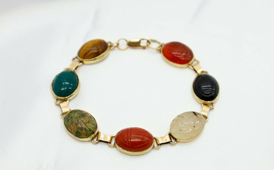 Vintage 14k Yellow Gold Ladies Seven Scarab Bracelet, 7.0 inches - 17.7g