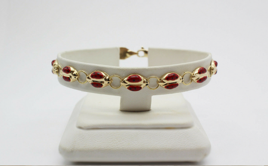 14k Yellow Gold Ladybug Enamel Bracelet, 7.5 inches - 4.6g