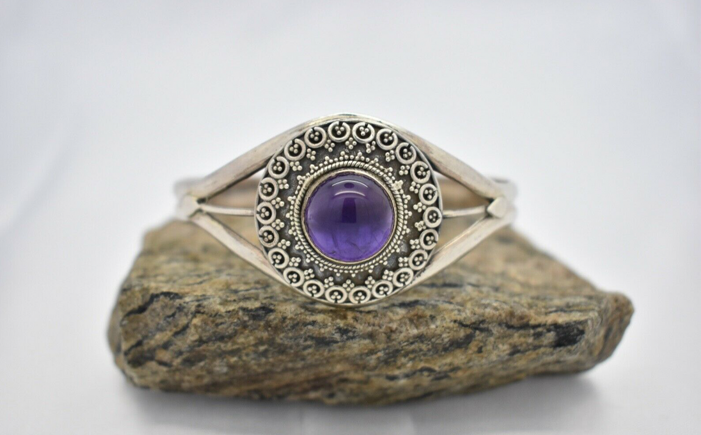 Sterling Silver Amethyst Cuff Bracelet, 7.5 inches (Adjustable) - 26.1g