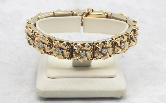 Vintage 14k Yellow Gold Diamond Flower Bracelet, 7.5 Inches - 70.0g