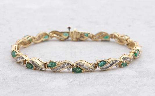 14k Yellow Gold ADL Emerald & Diamond Bracelet, 7 inches - 14.7g