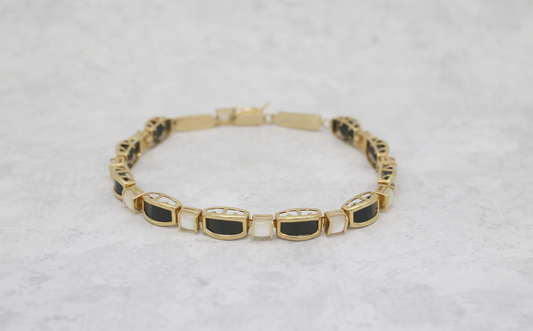 14k Yellow Gold Black Onyx & Mother of Pearl Bracelet, 8 inches - 12.6g