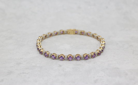 Vintage 14k Yellow & White Gold Amethyst & Diamond Bracelet, 7 inches - 10.3g